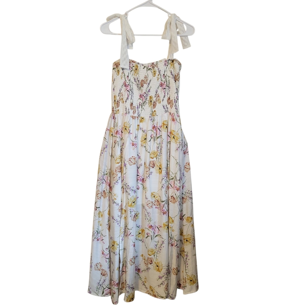 Fanco Floral Smocked Midi Dress Large Cottagecore Tie Shoulder Sundress Romantic - Picture 3 of 11